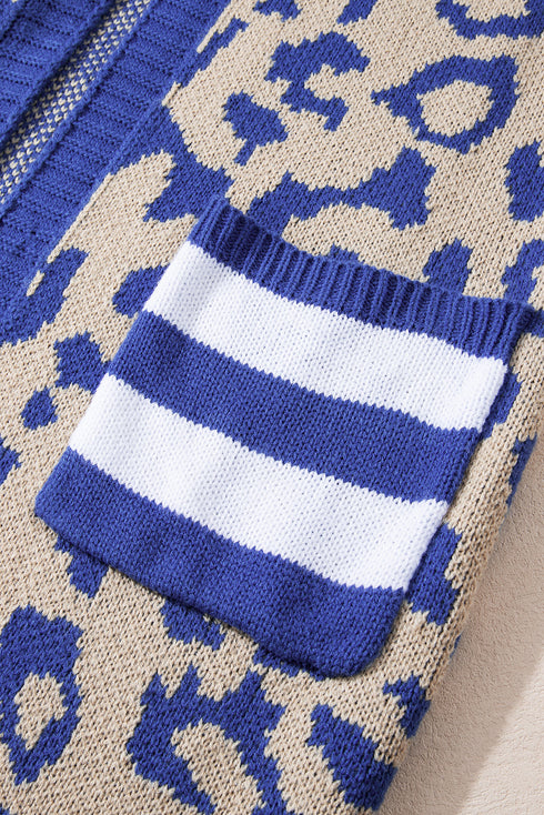 Stripe Sleeve Leopard Print Open Front Cardigan With Pockets